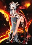  1girl aegyo ass back bare_shoulders bat_wings demon_girl electricity high_heels horn lava long_hair looking_at_viewer looking_back mole mole_under_eye red_eyes sideboob silver_hair solo tears thighs torn_clothes torn_thighhighs very_long_hair wings 