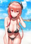  1girl bangs bare_shoulders beach bikini black_bikini blue_sky blurry blurry_background blush breasts city cleavage closed_mouth cloud collarbone commentary day eyebrows_visible_through_hair girls_frontline gluteal_fold greem_bang groin hair_between_eyes halter_top halterneck hand_on_own_head headgear highres large_breasts leaning_forward long_hair looking_at_viewer m4_sopmod_ii_(girls_frontline) multicolored_hair navel ocean outdoors pink_hair red_eyes red_hair revision sand sidelocks sky smile solo stomach streaked_hair swimsuit wet 
