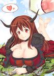  barefoot breasts cleavage giantess heart highres horns large_breasts maou_(maoyuu) maoyuu_maou_yuusha nipples red_eyes red_hair 