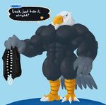  2016 4_fingers 4_toes abs apollo_(animal_crossing) avian bald_eagle beak biceps big_biceps bird black_clothing black_feathers blue_background blush clothing colored dialogue digital_drawing_(artwork) digital_media_(artwork) eagle english_text feathers front_view full-length_portrait light no_iris nude pecs plantigrade portrait schwartzgeist shaded simple_background standing tail_feathers text toes toony triceps two_tone_feathers vest white_feathers white_talons yellow_beak 
