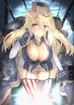  absurdres american_flag american_flag_legwear arm_at_side bare_shoulders bent_over blonde_hair blue_eyes breasts cleavage_cutout detached_sleeves elbow_gloves fingerless_gloves flag_print front-tie_top garter_straps gloves hair_between_eyes headgear highres iowa_(kantai_collection) kantai_collection large_breasts long_hair looking_at_viewer machinery miniskirt riyo_(ryon_96) skirt solo star star-shaped_pupils striped striped_legwear symbol-shaped_pupils thighhighs vertical-striped_legwear vertical_stripes 