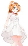  absurdres asymmetrical_hair blue_eyes dress dress_shirt flower hair_flower hair_ornament head_wreath highres holding_clothes kousaka_honoka looking_at_viewer love_live! love_live!_school_idol_project medium_hair one_side_up open_mouth orange_hair ponytail shirt solo tied_hair totoki86 white_background white_dress 