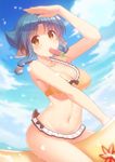  absurdres animal_ears atui_(utawareru_mono) bangs bare_arms bikini black_bow blue_hair blue_sky blurry bow breasts cleavage cloud collarbone cowboy_shot day depth_of_field eyebrows eyebrows_visible_through_hair food food_in_mouth frilled_bikini frills fukuro_ko_(greentea) groin hair_ornament halterneck highres looking_at_viewer medium_breasts navel parted_bangs popsicle riding shading_eyes short_hair_with_long_locks sidelocks sky solo stomach swimsuit utawareru_mono utawareru_mono:_itsuwari_no_kamen water wet yellow_bikini yellow_eyes 