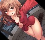  blush breasts brown_eyes brown_hair cleavage dress_shirt dutch_angle fernandia_malvezzi leg_up liar_lawyer long_hair long_sleeves looking_at_viewer medium_breasts no_pants off_shoulder open_mouth panties reaching_out red_panties red_shirt self_shot shirt shirt_pull solo strike_witches thigh_gap underwear world_witches_series 