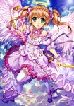  absurdres ankle_ribbon bandages bow_(weapon) brown_hair dress eyebrows eyebrows_visible_through_hair feathered_wings fujima_takuya garters highres holding holding_weapon leg_up long_hair looking_at_viewer magical_girl open_mouth original pink_ribbon pink_wings ribbon scan solo thighhighs twintails weapon white_legwear wings wrist_cuffs 