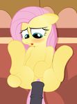  blue_eyes blush book clitoris ears_down equine eyelashes fluttershy_(mlp) friendship_is_magic hair half-closed_eyes horse legs_up looking_down mammal my_little_pony open_mouth pegasus penis pink_hair pony pussy rainbownspeedash smile tongue tongue_out wings 