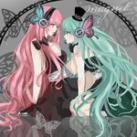  akira_(ying) black_dress black_gloves blue_eyes blue_hair breasts bug butterfly cleavage dress eye_contact fingerless_gloves fingernails gloves hatsune_miku highres insect long_hair looking_at_another magnet_(vocaloid) medium_breasts megurine_luka multiple_girls pink_hair very_long_hair vocaloid 