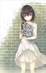  bangs black_hair blue_eyes bouquet brick_wall collarbone commentary dress flower fujiwara_mizuki hair_between_eyes holding holding_bouquet looking_at_viewer newspaper original paper petals shiny shiny_hair short_hair smile solo standing sundress white_dress wind 