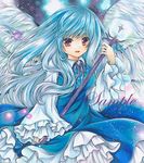  angel_wings bad_id bad_pixiv_id blue_dress blue_hair dress frilled_dress frilled_sleeves frills holding holding_staff long_hair long_sleeves marker_(medium) multiple_wings open_mouth red_eyes rui_(sugar3) sariel solo staff touhou touhou_(pc-98) traditional_media white_wings wings 