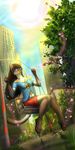 anthro araivis-edelveys blue_eyes brown_hair building cat clothed clothing day detailed_background feline female grass hair mammal outside sitting smile swing wide_hips 
