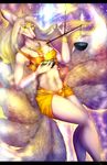  5_fingers araivis-edelveys black_bars breasts canine dog female fluffy fluffy_tail fur hair mammal midriff multi_tail navel pink_nose solo white_fur white_hair wide_hips yellow_eyes 