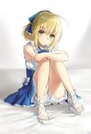  absurdres ahoge artoria_pendragon_(all) blonde_hair blue_ribbon bow dress fate/stay_night fate_(series) green_eyes hair_ornament hieung highres leg_hug lingerie looking_at_viewer neck_ribbon ribbon saber short_hair shorts signature sitting sleeveless sleeveless_dress solo underwear white_bow white_shorts 