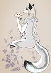  4_toes 5_fingers anthro araivis-edelveys bare_back black_nose breasts canine card female fur grey_fur hair mammal pawpads playing_card simple_background sitting smile solo toes white_fur white_hair wolf 