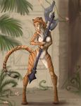  4_toes 5_fingers anthro araivis-edelveys breasts cat detailed_background digitigrade feline female fur holding_object holding_weapon looking_at_viewer mammal navel nipples pussy smile solo standing striped_fur stripes tan_hair tiger toes weapon wide_hips yellow_eyes 
