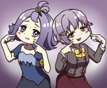  :3 acerola_(pokemon) armlet blue_eyes blush brown_eyes commentary_request crossover dress elite_four flipped_hair hair_flaps hair_ornament hairclip idolmaster idolmaster_cinderella_girls koshimizu_sachiko look-alike mitsuki_(fake_miffy) multiple_girls pointing pointing_at_self pokemon pokemon_(game) pokemon_sm purple_hair school_uniform serafuku short_hair stitches topknot trial_captain 