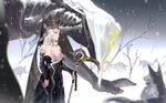  bare_shoulders breasts cleavage coat commentary creature elbow_gloves fur_coat gloves hat karasu-san_(syh3iua83) large_breasts long_hair original scythe sidelocks snow snowing solo tree wand white_hair wolf yellow_eyes 