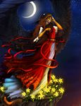  anthro araivis-edelveys blue_eyes breasts brown_hair clothed clothing detailed_background digital_media_(artwork) feathered_wings feathers feline female hair hybrid liger mammal moon night outside sky star starry_sky wings 