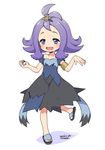  :d acerola_(pokemon) armlet blue_eyes blush dated dress elite_four flipped_hair full_body holding holding_poke_ball kanya_pyi leg_up open_mouth poke_ball pokemon pokemon_(game) pokemon_sm purple_hair sandals short_hair simple_background smile solo stitches topknot torn_clothes torn_dress trial_captain ultra_ball white_background 