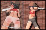  1girl ass bandanna before_and_after black_hair blue_eyes clenched_teeth clothed_sex fingerless_gloves forced instant_loss_2koma knife sequential sex small_breasts spanked tanline tears thief underwear vaginal weapon white_panties 