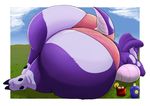  2016 anthro big_breasts big_butt breasts butt clothed clothing draconder female green_eyes hooves huge_breasts huge_butt looking_back obese overweight piercing purple_skin shirt solo teats thick_thighs udders wide_hips 