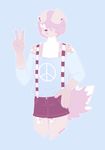  2016 anthro apex_(artist) blue_background brown_fur canine clothing dog ear_piercing fur girly hair male mammal peace_symbol piercing shorts simple_background solo spots suspenders 