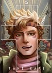  blonde_hair caesar_anthonio_zeppeli cross face facial_mark green_eyes headband highres jacket jojo_no_kimyou_na_bouken male_focus open_mouth signature smile solo winged_hair_ornament wystars 