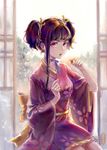  black_hair hair_ornament holding japanese_clothes kimono kneeling koutetsujou_no_kabaneri mumei_(kabaneri) red_eyes short_kimono short_twintails short_yukata solo twintails yuansheng_zhengtai yukata 