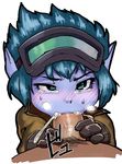  blue_hair bubble cum cum_in_mouth cum_inside duo eyewear faceless_male fellatio hair hi_res human japanese japanese_text league_of_legends male mammal not_furry oral penis pointy_ears sex tears text tristana_(lol) video_games yordle ガッタマイザー 