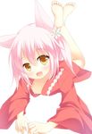  :3 :d animal_ears barefoot collarbone feet flat_chest flower fox_ears hair_flower hair_ornament highres irotoridori_no_sekai japanese_clothes kimono lying minatsuki_kou nipples on_stomach open_mouth pink_hair ren_(irotoridori_no_sekai) short_hair side_ponytail simple_background smile solo the_pose white_background white_hair wide_sleeves yellow_eyes 