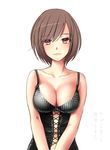  anko_anko blush breasts brown_eyes brown_hair cleavage collarbone corset eyebrows eyebrows_visible_through_hair eyelashes highres large_breasts lips looking_at_viewer meiko navel short_hair solo strap text_focus translated vocaloid 