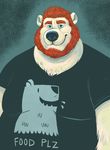  2016 anthro bear beard black_nose blue_eyes clothed clothing digital_media_(artwork) dramamine eyebrows facial_hair front_view fur green_background hair half-length_portrait hi_res looking_at_viewer male mammal mendo overweight overweight_male polar_bear portrait red_hair shirt simple_background smile solo standing t-shirt white_fur 
