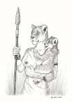  2018 5_fingers anisis anthro cub digital_media_(artwork) feline lion looking_at_viewer mammal melee_weapon nude polearm sketch smile spear traditional_media_(artwork) tribal warrior weapon young 