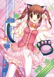  animal_ears ayase bell breasts brown_eyes brown_hair cat_ears cat_tail clover_print cross-laced_clothes dress eyebrows eyebrows_visible_through_hair fake_animal_ears highres idolmaster idolmaster_cinderella_girls jingle_bell lace lace-trimmed_thighhighs long_hair medium_breasts ogata_chieri paw_pose pink_ribbon ribbon solo tail thighhighs white_background wrist_cuffs 