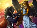  5_fingers araivis-edelveys black_feathers black_hair black_nose blue_eyes brown_hair brown_nose clothed clothing day duo eye_contact feathered_wings feathers feline female fur hair hybrid liger lion male mammal outside purple_fur red_eyes sun wings yellow_fur 