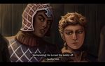  alternate_skin_color black_eyes blonde_hair blue_eyes braid dark_skin dark_skinned_male giorno_giovanna guido_mista hat jojo_no_kimyou_na_bouken letterboxed male_focus multiple_boys single_braid subtitled turtleneck wooden_wall wystars 