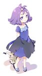  acerola_(pokemon) arms_behind_back blue_eyes dress elite_four flipped_hair full_body gen_7_pokemon hair_ornament highres mimikyu namori pokemon pokemon_(creature) pokemon_(game) pokemon_sm purple_hair sandals short_hair simple_background smile solo standing stitches topknot torn_clothes torn_dress trial_captain white_background 