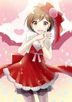  blush bow breasts brown_eyes brown_hair cleavage dress frills hair_bow hair_ornament heart jewelry kikuchi_mataha looking_at_viewer medium_breasts meiko open_mouth pantyhose red_dress shiny short_hair simple_background smile solo sparkle vocaloid 