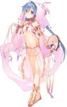  aquaplus bare_shoulders blue_hair dancer dungeon_travelers_2 earrings feathers flat_chest full_body highres holding instrument ist jewelry kokonoka looking_at_viewer navel panties purple_eyes revealing_clothes sandals solo standing tambourine transparent_background underwear veil 