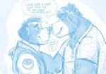  ! &lt;3 2016 ? anthro bear blue_and_white boop canine clothed clothing cute dialogue digital_media_(artwork) dog dramamine duo english_text eyebrows eyes_closed floppy_ears fur hair male mammal monochrome nose_boop polo_shirt romantic_couple shirt side_view simple_background smile speech_bubble text 