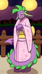  2016 ambiguous_gender anthro blush clothed clothing dragon ethanqix friendship_is_magic green_eyes japanese_clothing kimono my_little_pony outside patreon scalie solo spike_(mlp) standing 