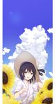  :d absurdres bangs black_hair black_ribbon blue_sky blush cloud cloudy_sky collarbone commentary day eyebrows eyebrows_visible_through_hair field flower flower_field fujiwara_mizuki grey_eyes hair_between_eyes hand_on_headwear hand_up hat hat_ribbon highres hospital_gown looking_at_viewer open_mouth original ribbon robe short_sleeves sky smile solo straw_hat striped striped_ribbon summer sunflower teeth wind 