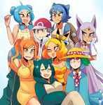  6+girls :d :o :t aipiepo animal_ears aqua_hair backpack bag blastoise blonde_hair blue_eyes bottle breast_press brown_eyes brown_hair cat_ears charizard dress espeon fang forehead_jewel gen_1_pokemon gen_2_pokemon green_hair hat headband jacket jewelry lapras multiple_girls necklace open_mouth orange_hair personification pikachu pokemon pokemon_(game) purple_dress purple_eyes purple_hair red_(pokemon) red_(pokemon_frlg) red_eyes red_hat red_jacket shirt sleeping smile snorlax v-shaped_eyebrows venusaur water_bottle yellow_dress yellow_hat 