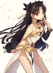 absurdres arm_behind_back bare_shoulders black_hair breasts cleavage earrings fate/grand_order fate_(series) hair_ornament highres hino_hinako ishtar_(fate/grand_order) jewelry long_hair long_legs looking_at_viewer medium_breasts pelvic_curtain red_eyes side_slit smile solo two_side_up 