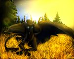  araivis-edelveys black_hair blue_eyes day detailed_background dragon feral grass hair horn looking_at_viewer lying membranous_wings outside ridged_horn solo wings 