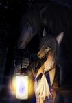  anthro araivis-edelveys black_hair brown_eyes brown_nose canine clothed clothing dog duo forest hair lantern mammal night outside smile standing tree 