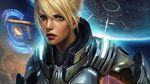 absurdres armor artist_request bangs blonde_hair cloud english flying flying_saucer glowing grey_eyes hair_between_eyes highres light lips looking_at_viewer nova_(starcraft) parted_lips power_suit realistic seat sky solo space_craft star_(sky) starcraft upper_body 