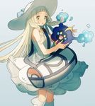  :o asuda bag bangs bare_arms blonde_hair blue_background blunt_bangs braid cosmog dress duffel_bag gen_7_pokemon green_eyes hat lillie_(pokemon) long_hair open_mouth pokemon pokemon_(creature) pokemon_(game) pokemon_sm simple_background sleeveless sleeveless_dress sun_hat twin_braids white_dress white_hat 