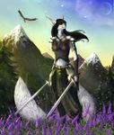  5_fingers anthro araivis-edelveys armor black_hair black_nose breasts day detailed_background dragon eye_patch eyewear feline female fluffy fluffy_tail fur hair holding_object holding_weapon mammal mountian sky standing tree weapon white_fur 