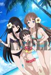  3girls accel_world barefoot beach bikini black_bikini black_hair blue_bikini blue_eyes brown_eyes brown_hair feet flat_chest flower highres kurasaki_fuuko kuroyukihime long_hair multiple_girls navel official_art open_clothes open_jacket open_mouth shinomiya_utai side-tie_bikini smile swimsuit thighhighs toes 