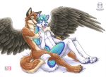  2018 4_toes 5_fingers anthro canine digitigrade duo feathered_wings feathers fox kacey male mammal simple_background smile toes white_background wings wolf 